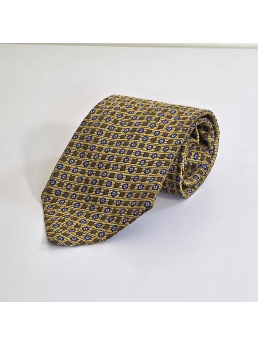 Benjamin James Silk Tie Made In England Gold Multi Party Office Geo AOP W4 L56.5